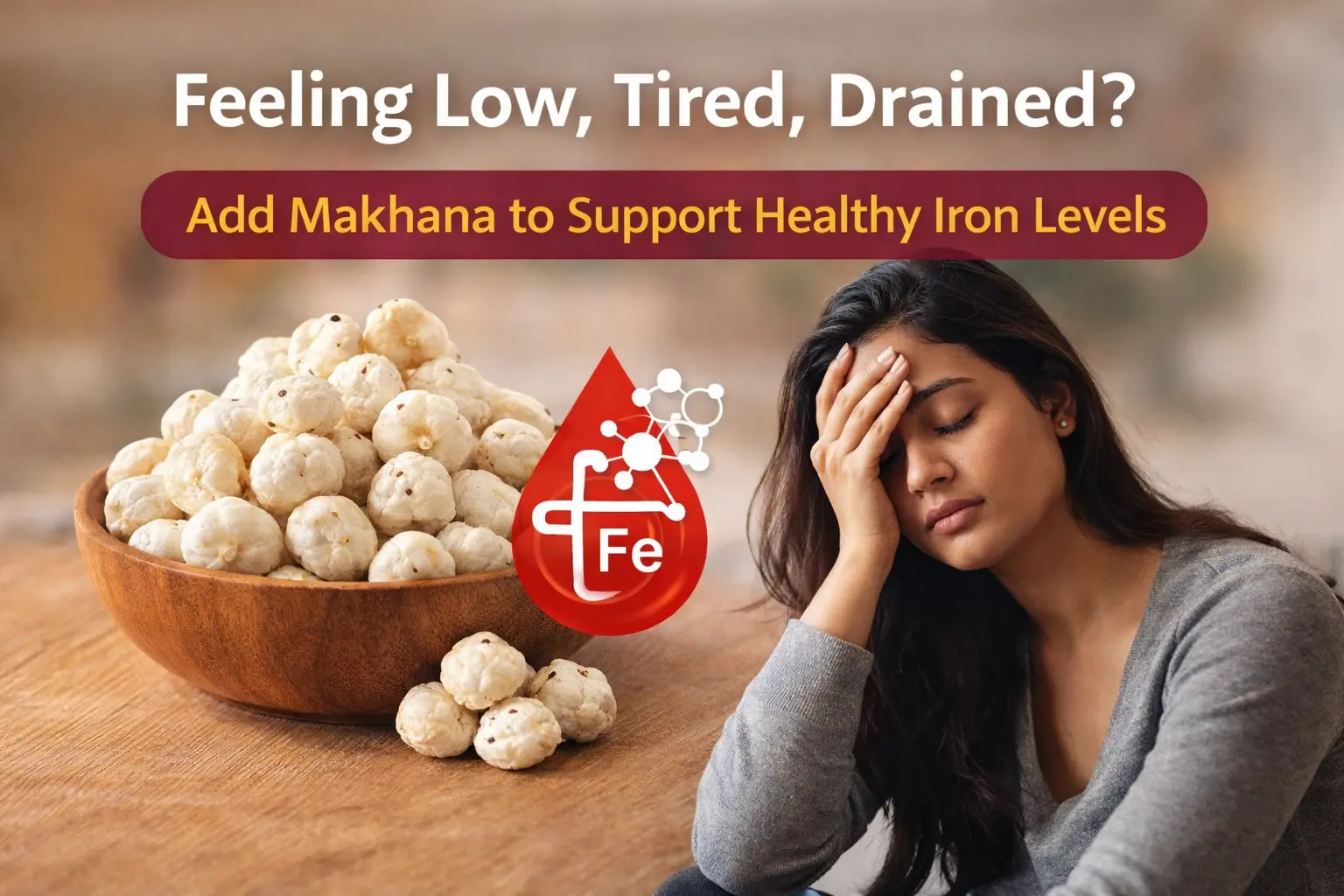 Makhana for anemia showing fox nuts with iron symbol supporting healthy hemoglobin levels